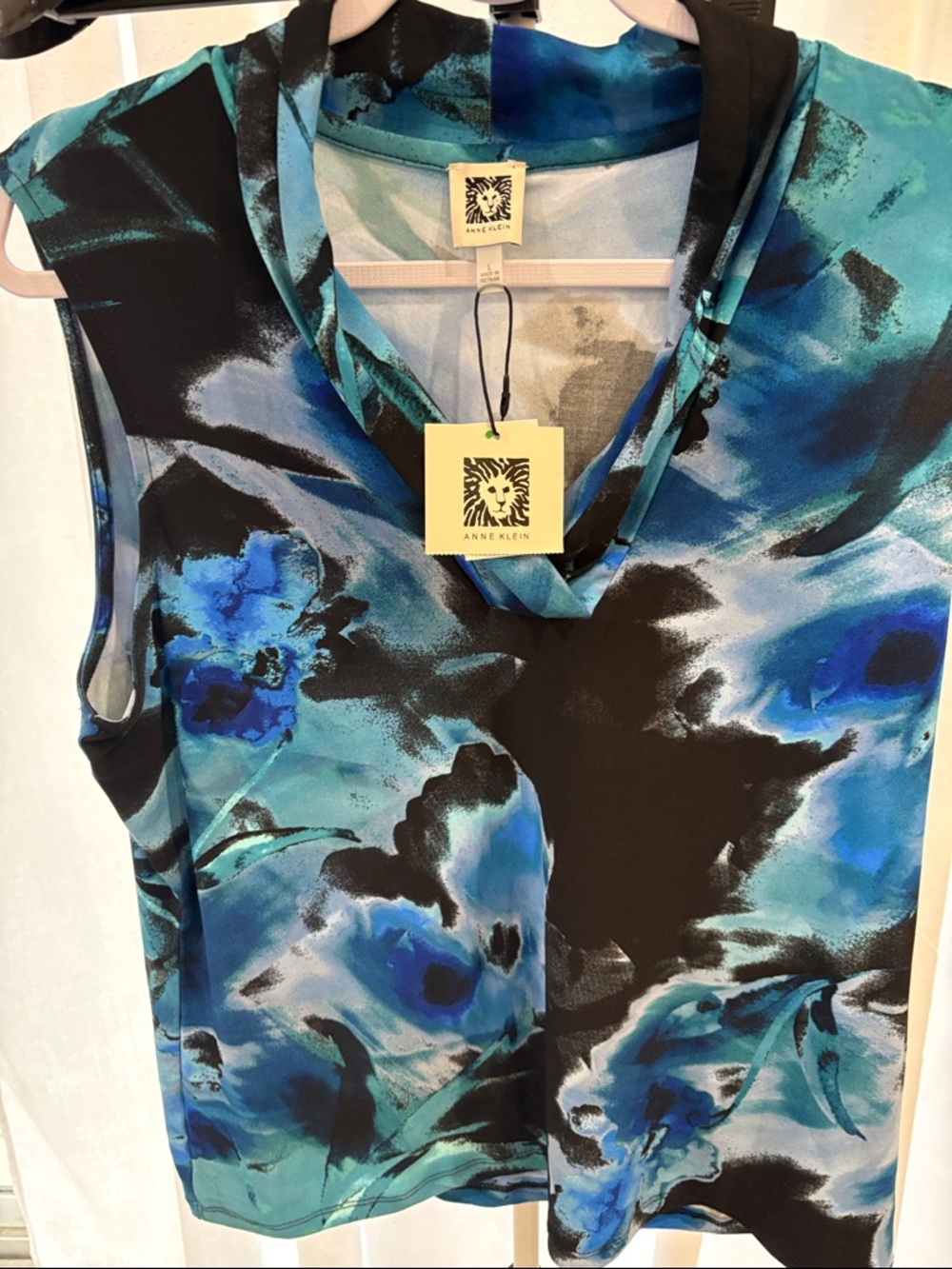 Anne Klein Blue Aqua Floral Cowl Neck Sleeveless Top